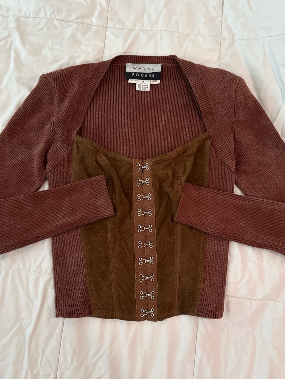 Wayne Rogers Brow Silk Ribbed Knit Long Sleeve Top with Hook and Eye Closure